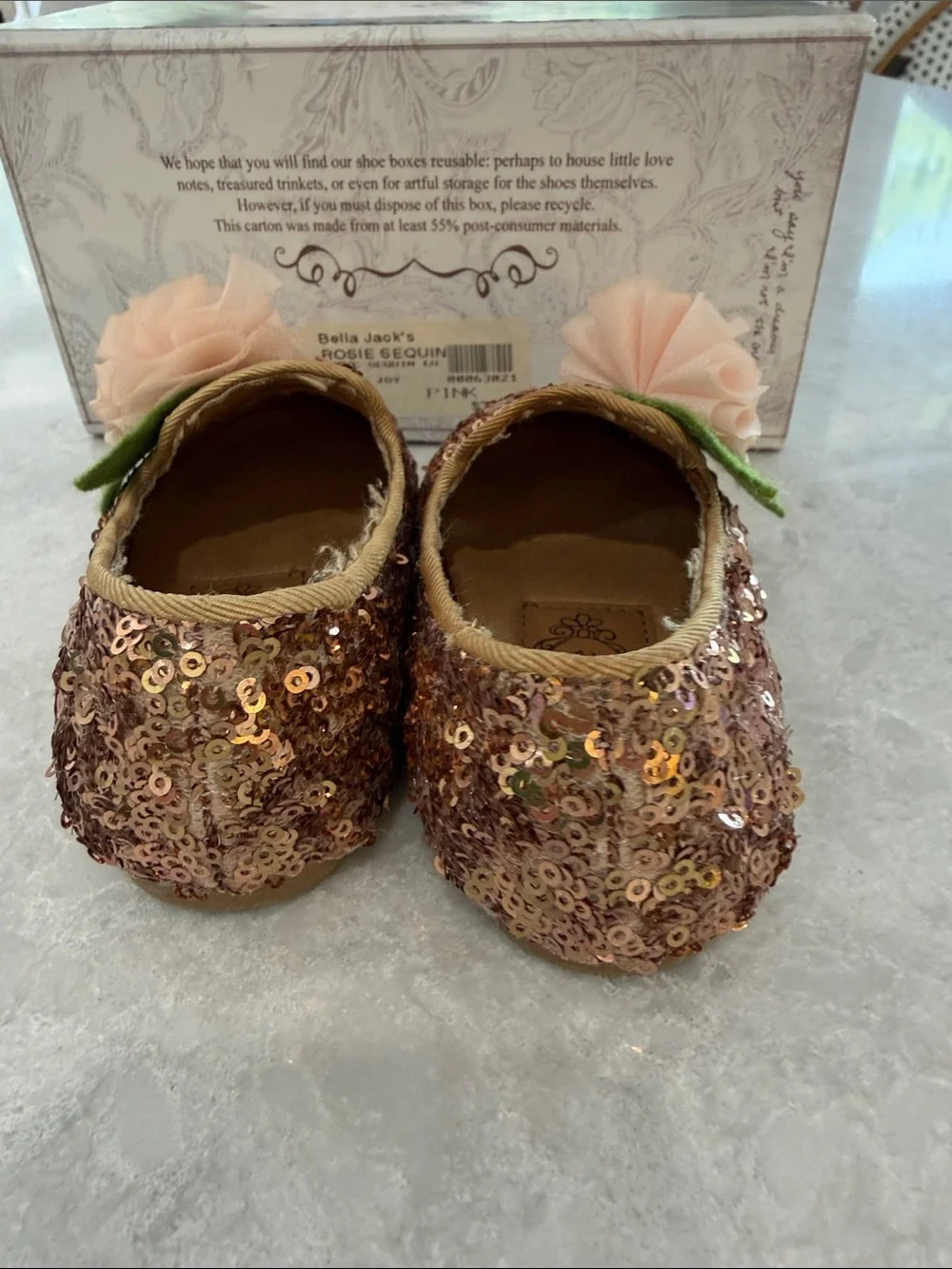 Joyfolie Rose Gold Sequin Slip-On Shoes with Pink Flower